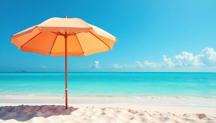 Large beach umbrella on sandy shore, blue sky , heat, day, umbrella