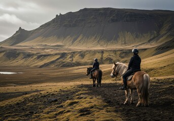 Journey of Exploration: Two equestrian figures navigate a rugged terrain, their horses moving gracefully towards a distant mountain range.