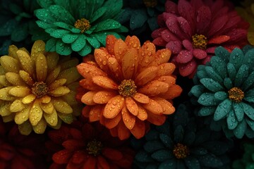 Close-up of colorful flower arrangement with green orange and red petals