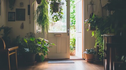 A sunlit entryway adorned with lush greenery.