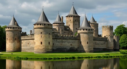Medieval Castle at Lakeside: A majestic medieval castle, a timeless edifice of stone, rises grandly beside a tranquil lake under a dynamic cloudy sky.