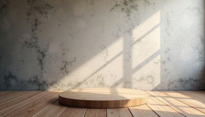 Obraz premium A sunlit scene shows a minimalist wood stage on a plank floor, with a backdrop of a textured wall providing a clean, inviting presentation space.