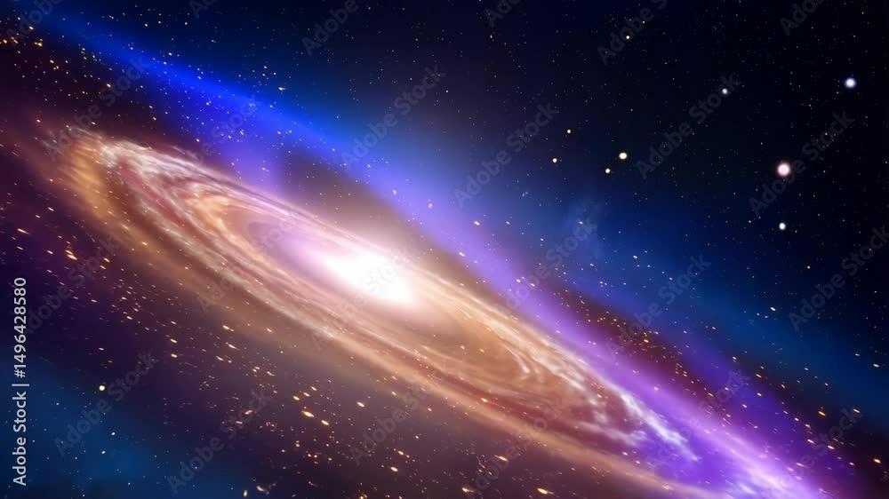 Poster rotating spiral galaxy with nebulae and stars in deep space for science fiction concepts
