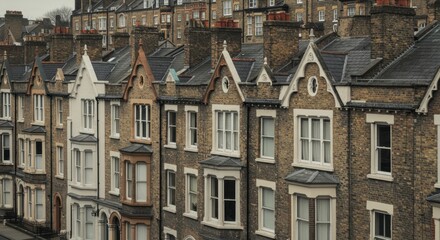 Fototapeta premium Residential Row: A scenic snapshot of a row of connected residential buildings, showcasing varied architecture and historical charm.