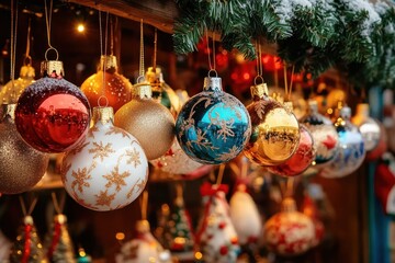 Colorful Christmas ornaments hanging from a green garland dusted with snow, glowing warmly in festive market lighting