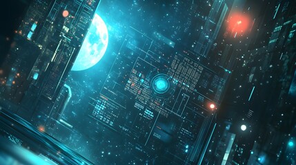 Futuristic digital interface with celestial body.