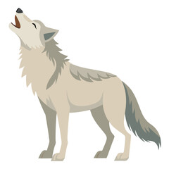 A light-colored wolf stands in profile with its head raised, howling  a white background.

