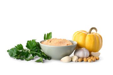 Bowl of tasty hummus with pumpkin, parsley, garlic and chickpeas on white background