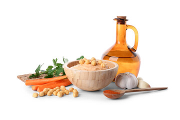 Bowl of tasty hummus with carrot, garlic and chickpeas on white background