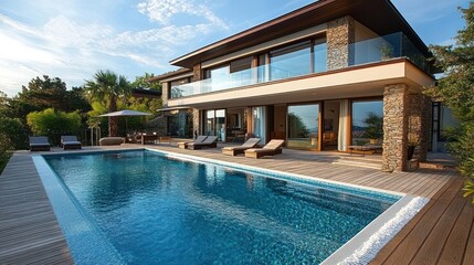 Fototapeta premium Luxury villa with swimming pool showcasing outdoor summer lifestyle concept
