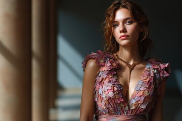 Fototapeta premium Fashionable woman in a red floral dress standing in sunlight near window