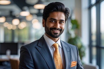 Dynamic Business Portrait of a Charismatic Indian Executive in Custom Suit and Tie
