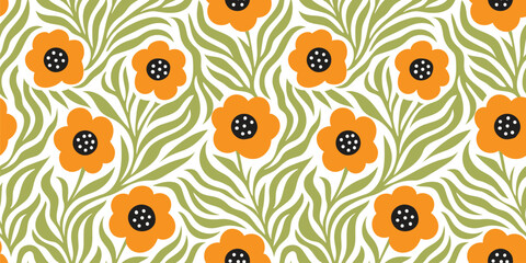 Orange flowers, abstract leaves on white background. Seamless pattern for fashion design, fabric, wallpaper and all kinds of prints.