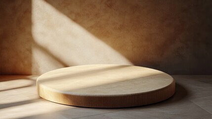 empty round wooden platform with soft sunlight casting shadows on textured beige wall and tiled floor creating a warm calm atmosphere