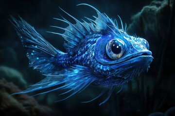 Exotic deep sea blue fish with bioluminescent glow, spiky fins, large eyes, and intricate ethereal details in underwater setting