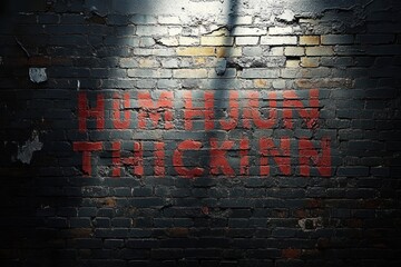 Red graffiti text painted on a dark brick wall illuminated by overhead light creating a mysterious and gritty atmosphere