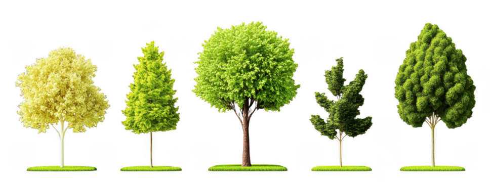 Set of realistic tree images showcasing various angles and styles, featuring vibrant colors and diverse shapes that evoke sense of nature beauty and tranquility