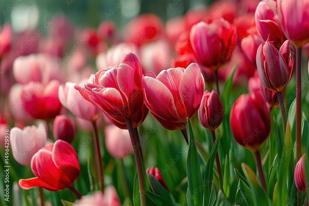Poster pink and red tulips blooming in a vibrant spring garden, creating a colorful and cheerful scene