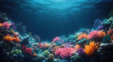 Fototapeta premium Vibrant colorful coral reef under clear blue ocean waters with sunlight rays penetrating the surface illuminating diverse marine flora