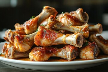 Plate piled high with golden brown roasted chicken drumettes with crispy skin and visible seasoning