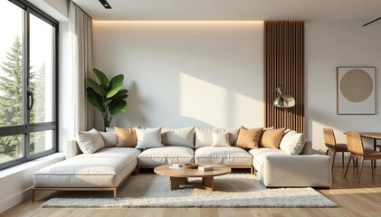 Modern minimalist living room, neutral palette, clean, window, apartment