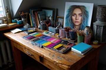 Fototapeta premium Creative workspace filled with colorful art supplies and a portrait on the wall