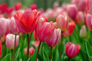 Fototapeta premium Beautiful pink and red tulips blooming in a vibrant spring garden, creating a colorful and cheerful scene