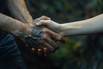 Fototapeta premium Close-up of two hands clasped together showing disparity with one hand dirty and rough, and the other clean and smooth, symbolizing connection and contrast