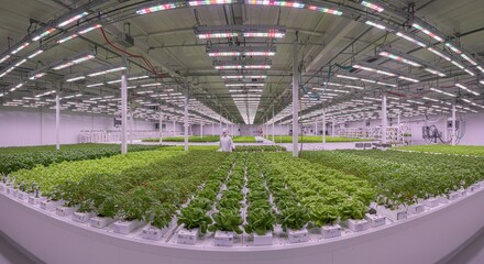 Modern Indoor Farm: An expansive indoor farm showcases rows of lush, verdant plants thriving under advanced LED lighting, highlighting sustainable agriculture and technological innovation.