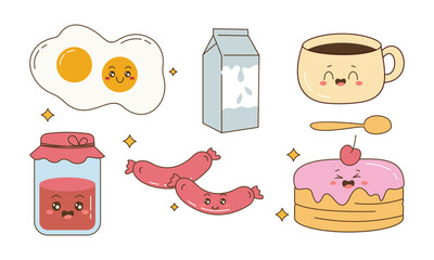 Breakfast Food Kawaii Doodle Set Vector Illustration