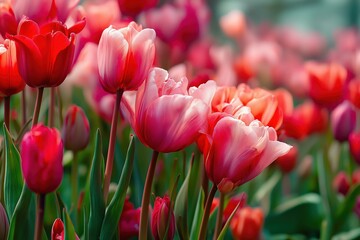 Obraz premium Pink and red tulips blooming in a vibrant spring garden, creating a beautiful display of color and nature