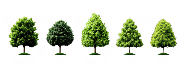Set of realistic tree images showcasing various angles and styles, highlighting beauty of nature and greenery. Each tree displays unique foliage and vibrant colors