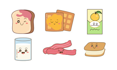 Breakfast Food Kawaii Doodle Set Vector Illustration