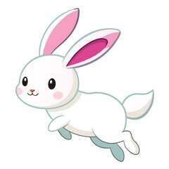 A small, white rabbit with pink ears appears to be mid-leap against a white background