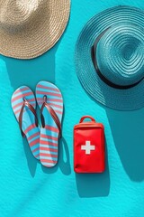 Two summer straw hats, striped flip-flops, and a red first aid kit arranged on a bright turquoise surface evoking a sunny beach or vacation vibe