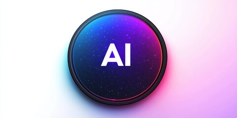 Round button with AI letters glowing in blue and purple gradient with cosmic stars effect on light pink and white background