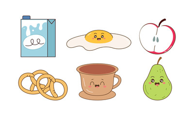 Breakfast Food Kawaii Doodle Set Vector Illustration
