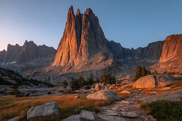 Naklejka premium Majestic Sunrise over Rocky Mountain Peaks Sierra Nevada Landscape Photography Natural Environment Wide Angle View