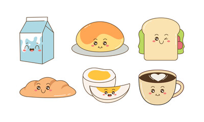 Breakfast Food Kawaii Doodle Set Vector Illustration