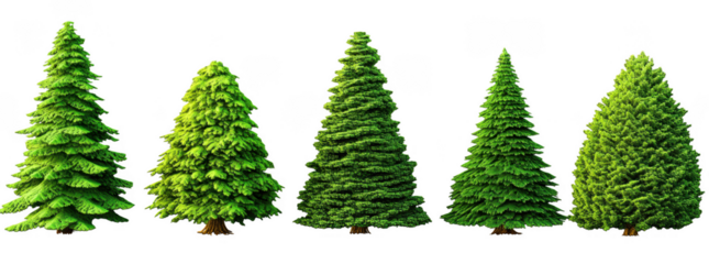 Set of realistic tree images showcasing various angles and styles, highlighting vibrant green foliage and unique shapes of each tree. Perfect for nature themed projects