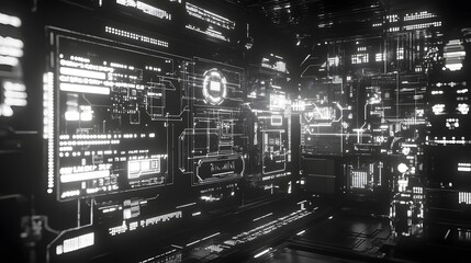 Intricate digital interface displays in a futuristic environment.