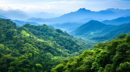 Fototapeta premium Scenic mountain landscape with lush green forest-covered hills