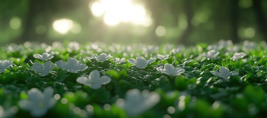 A field of delicate white flowers, bathed in sunlight, amongst lush greenery