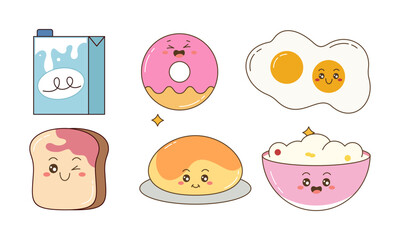Breakfast Food Kawaii Doodle Set Vector Illustration
