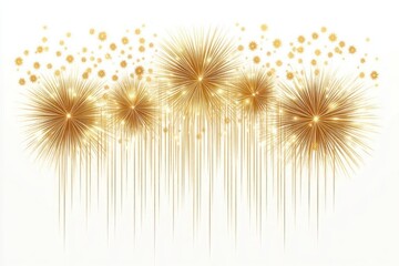 Fototapeta premium Golden sparkling starburst fireworks with cascading trails on a white background conveying celebration and festivity