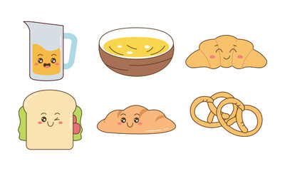 Breakfast Food Kawaii Doodle Set Vector Illustration