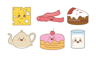 Breakfast Food Kawaii Doodle Set Vector Illustration