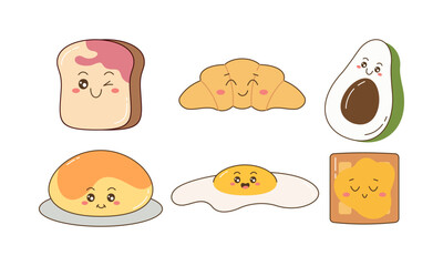 Breakfast Food Kawaii Doodle Set Vector Illustration
