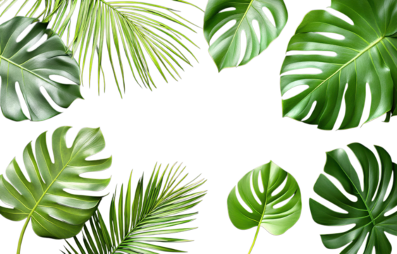Lush green Monstera and palm leaves arranged artistically on transparency background create vibrant and tropical atmosphere, perfect for nature inspired designs