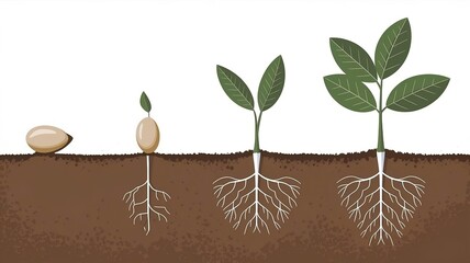Plant growth stages from seed to full plant showing germination process, root development, and life cycle of plant for educational and biology content